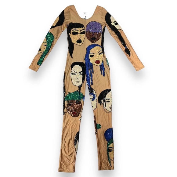 Discount Universe Sequin Nude Teal Blue Faces Bodysuit Size Small NEW With Tags - Picture 12 of 14